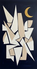 Geometric Arrangement Against Dark Backdrop with Golden Moon Silhouette