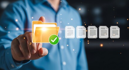 Person touching folder with green check mark and documents in background