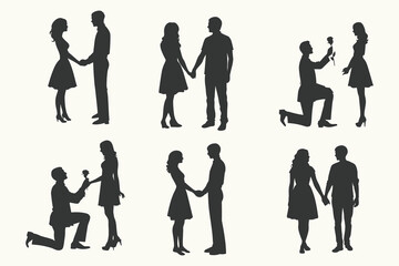 Couple Proposing, holding hands and walking silhouette. Silhouette of a male shadow making a proposal to a surprised lady, marriage. Eps 10