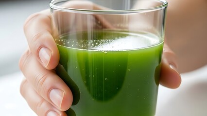 Hand holding vibrant green juice in glass, promoting healthy refreshment