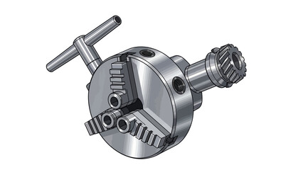 A three-jaw lathe chuck with a key for metalworking and precision machining.