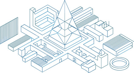 Isometric blue line art illustration of a futuristic architectural complex featuring a central glass pyramid and geometric structures