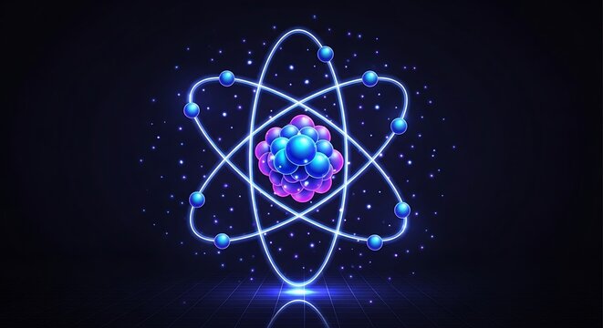 Atomic Structure Neon Illustration on Dark Background.
