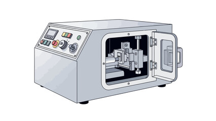 Illustration of a modern industrial machine with open access door and control panel.