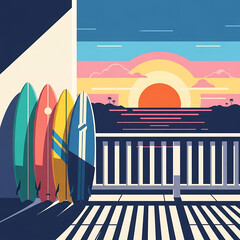 Fototapeta premium surfboards sunset beach illustration for summer vacation travel and tropical leisure activities perfect for lifestyle blogs and advertising concepts.