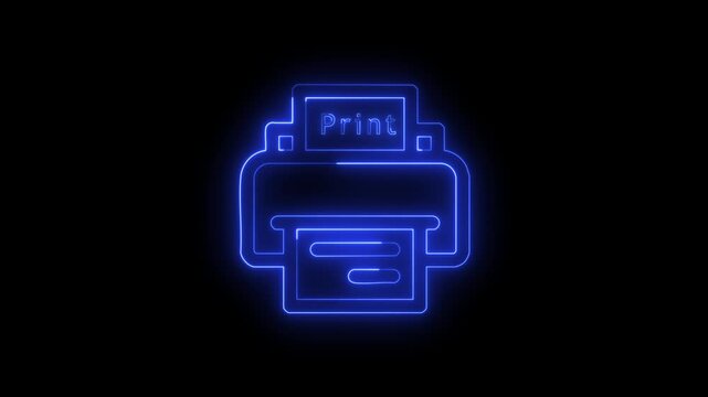 Neon blue printer icon glowing animation over black background with futuristic light effect