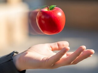 Levitating red apple, hovering in motion above an open hand gesture