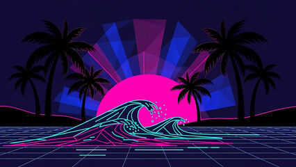 synthwave sunset background with neon palm trees and glowing waves capturing a vibrant 80s retro future vibe for digital art and nostalgic projects.