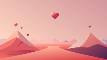 Heart-shaped balloons over desert mountains Vector, illustration © esey