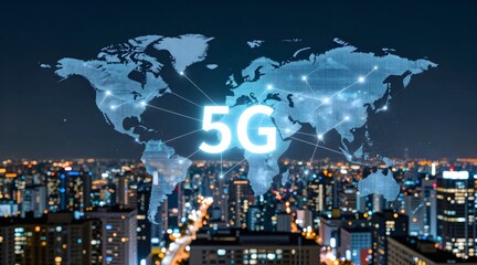 Global connectivity shown with a 5g network over a blurred city at night
