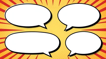 Speech bubbles in retro comic style with halftone pattern and sunburst background