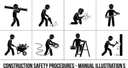 Construction safety procedures silhouette set illustrating manual work risks proper tools usage and protective actions isolated on white background vector illustration