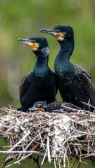 Three dark-feathered aquatic birds with bright yellow beaks and green eyes are nestled in a woven nest. One chick is visible