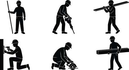 Construction worker activity silhouette set showing drilling cutting carrying materials and manual labor tasks isolated on white background vector illustration