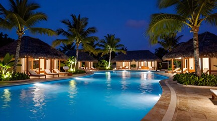 Luxurious resort pool under the night sky offers a tropical vacation vibe