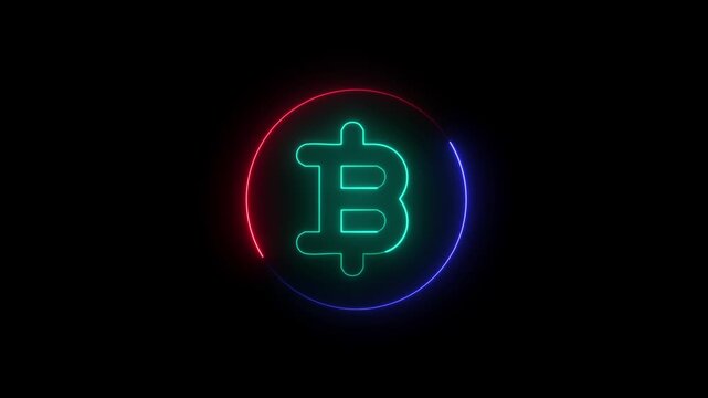 Bitcoin cryptocurrency neon sign glowing on black background, digital finance motion graphic