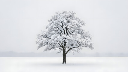 Snowcovered tree in a serene winter scene ideal for winterthemed backgrounds, christmas cards, seasonal promotions, and holiday designs.