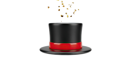 Black top hat with red band and falling gold confetti