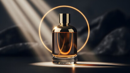 Elegant perfume bottle with glowing background. Perfect for cosmetics, beauty products, fragrance advertising, luxury brand promotions, and editorial use.