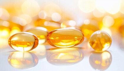 Close-up of transparent, golden, oval capsules with a blurred, illuminated background
