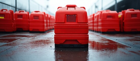 Red fuel containers outdoors, wet ground, industrial background