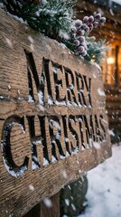 A wooden sign with 'Merry Christmas' written on it, decorated with festive greenery and snow, standing outdoors in a winter scene.