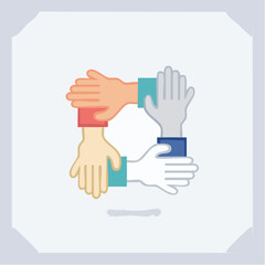 Obraz premium Illustration of four diverse hands stacked in a circle on a white background with a minimalist design and a neutral color palette.