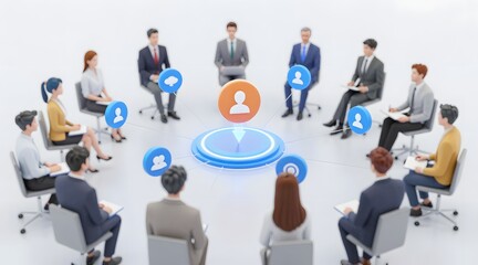 Business meeting shown as a digital network with diverse participants around the center