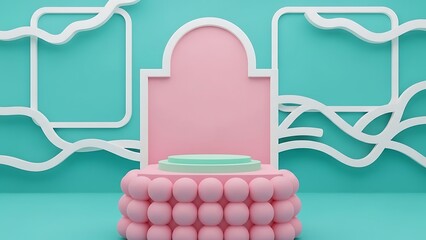 Pastel podium showcase for products with bubbly base and frame accents