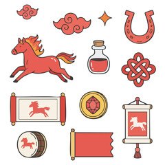 Red Horse Clouds and Oriental Traditional Pattern Illustration Set