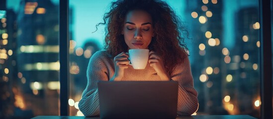 Woman drinks coffee, works laptop, night city view