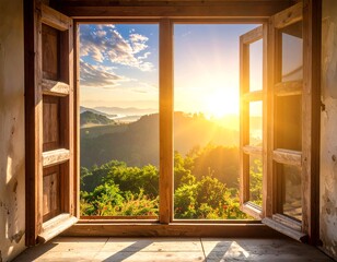 Open window framing vibrant sunrise over lush, hilly landscape