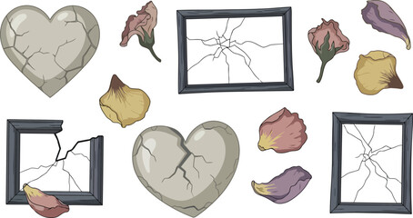 A collection of broken hearts and cracked picture frames on transparent background