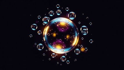 Vibrant iridescent bubbles of varying sizes float against a dark backdrop, glowing with ethereal light