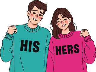 A cartoon couple wearing matching his and hers sweaters on transparent background