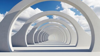 Obraz premium White concrete arches form an endless tunnel under a blue sky with fluffy clouds, creating a minimalist perspective