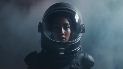 Astronaut woman in smoke with helmet looking determined