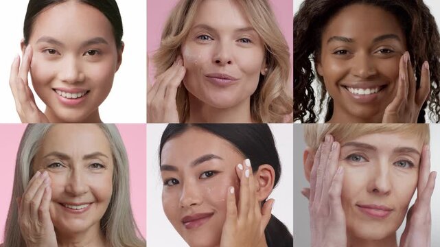 Women of different ages pamper their skin with various skincare techniques in a cozy home setting. Each showcases their unique beauty and self-care rituals.