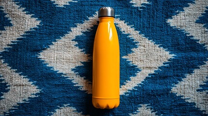 Close-up of a vibrant yellow insulated water bottle on a blue and white patterned rug