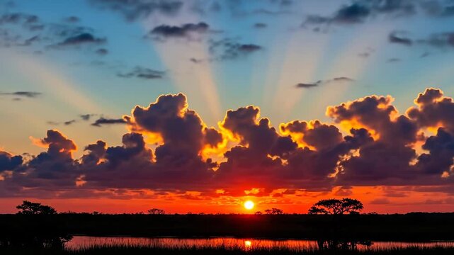 Beautiful sunset over a tranquil landscape with a body of water and silhouetted trees.