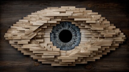 Artistic depiction of an eye constructed from wooden planks, featuring a blue iris and a dark pupil