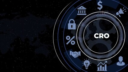 CRO acronym in center of hexagonal diagram with business icons on dark blue digital with gears background