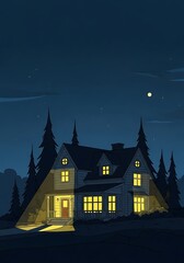 Tranquil suburban house glowing warmly against a dark night landscape