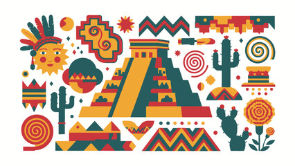 Mexican Culture Icons: Maya Pyramid, Sun God, Cactus, Marigold, Textile Patterns © siti sariyati