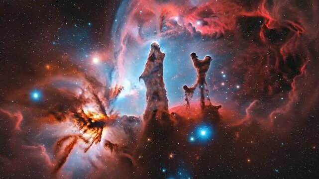Stunning cosmic landscape featuring celestial pillars amidst vibrant clouds of gas and dust.