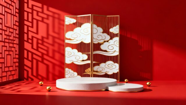 Elegant red-themed display setup featuring a traditional cloud-patterned folding screen and minimalist podiums evoking a festive or ceremonial ambiance.