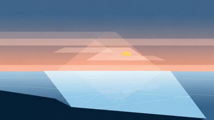 Geometric shapes superimposed over serene sunset landscape with pyramid and grid patterns