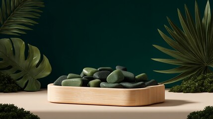 A natural setting displaying green stones in a wooden tray with lush greenery against a dark wall