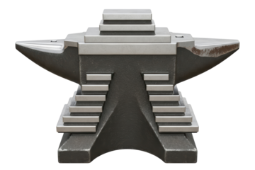 Heavy metal blacksmith anvil with unique stepped geometric sides on a transparent background