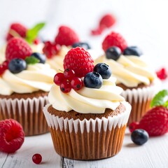 Three delicious cupcakes topped with white frosting and fresh berries, arranged on a light surface